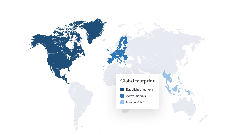 Business map showing established, active and new markets in three shades of blue with a legend