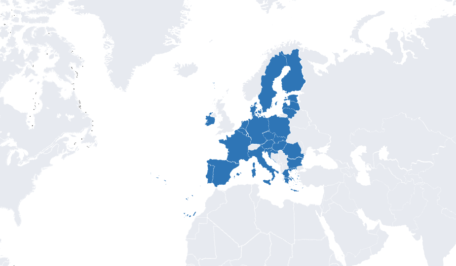 Europe map with the 27 EU member states colored blue