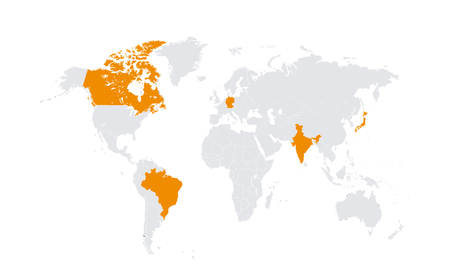 World map with Germany, Brazil, Japan, Canada, Australia and India highlighted in orange