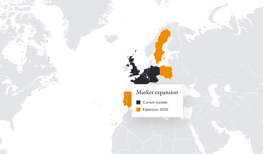 Market expansion map of Europe with current markets in ink and 2026 expansion targets in orange
