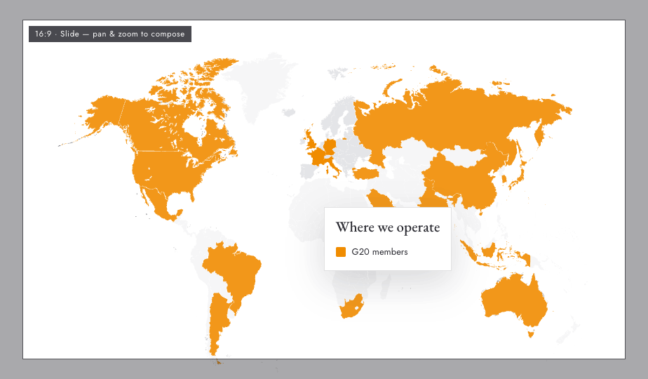 Mappeus editor composing a G20 map inside a 16:9 PowerPoint frame