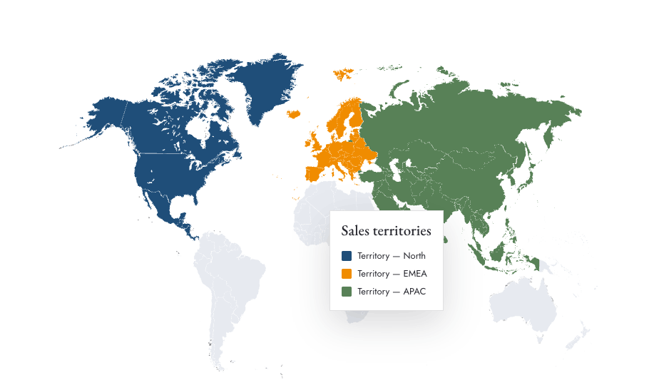 Sales territory map with North America, EMEA and APAC colored in three team colors and a legend